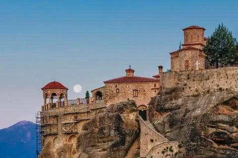 Full moon setting over Varlaam Monastry Stock Photos