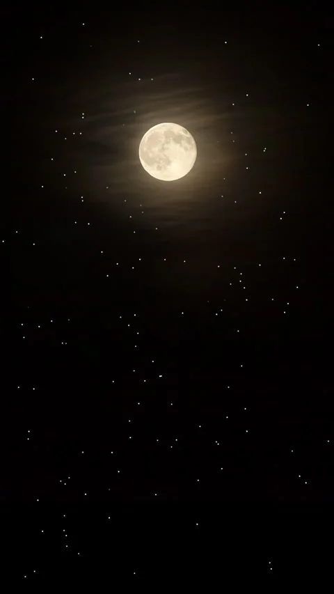 Full moon shining brightly in dark night sky with twinkling stars Stock Footage 345581778