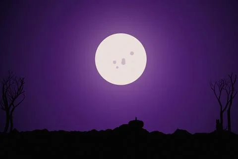 Full moon shining over dark silhouette landscape with bare trees and black .. 스톡 일러스트