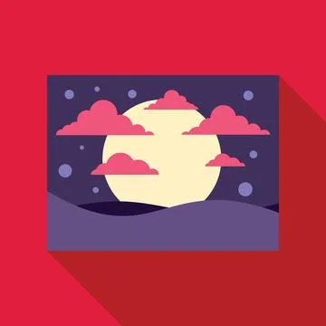 Full moon shining over rolling hills at night with pink clouds Ilustração Stock