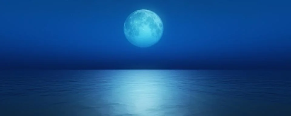 Full moon in the sky background reflection in the sea ocean water. 3D render 스톡 일러스트