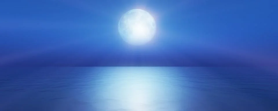 Full moon in the sky background reflection in the sea ocean water. 3D render Illustrazione stock