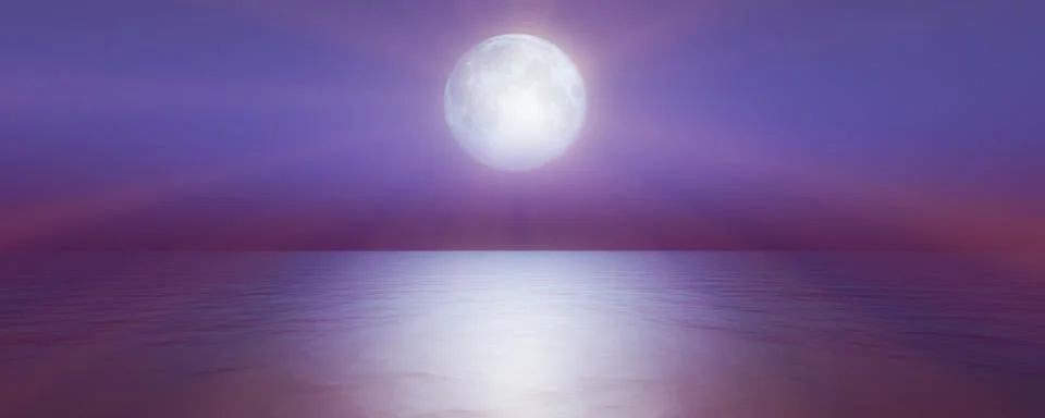 Full moon in the sky background reflection in the sea ocean water. 3D render 스톡 일러스트
