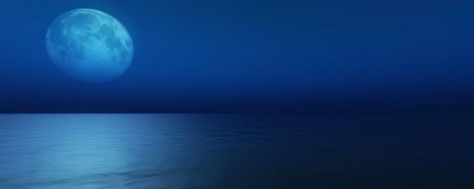 Full moon in the sky background reflection in the sea ocean water. 3D render Illustrazione stock