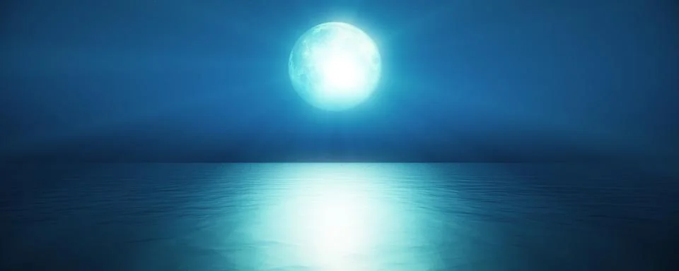 Full moon in the sky background reflection in the sea ocean water. 3D render Illustrazione stock