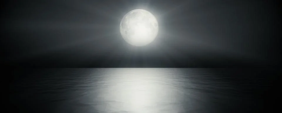 Full moon in the sky background reflection in the sea ocean water. 3D render Stock Illustration