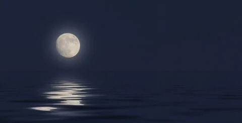 Full moon in the sky on a dark blue background reflection in the sea ocean wa Stock Illustration