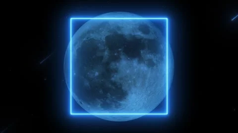 Full moon on a starry background. with bright neon square frame with neon glow a Video stock 254883200