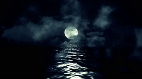 Full Moon with Starry Night Reflecting Above the Water with Clouds and Mist 4K Stock Footage