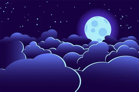 Full moon starry sky covered by clouds. Vector graphics. Stock Illustration