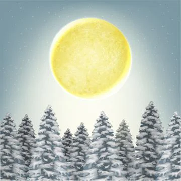 Full moon with top of pine forest and snow winter Stock Illustration