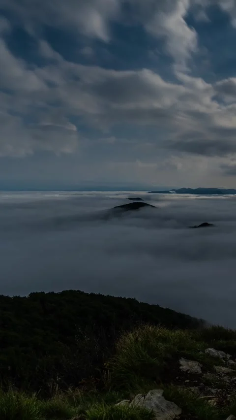 Full Moonlight Over Misty Mountain Valley with Rolling Fog, Vertical Time Lapse Stock Footage 317263812