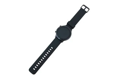 Full overhead view of a modern black round smartwatch Stock Photos