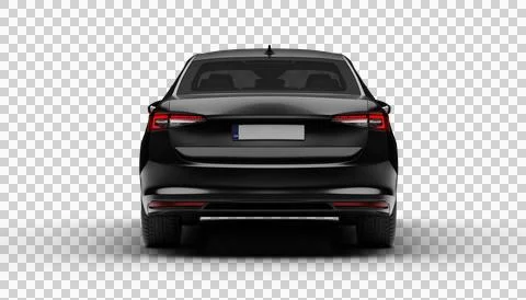 Full rear render ofa modern sedan car in dark grey shown over a transparent.. Ilustração Stock