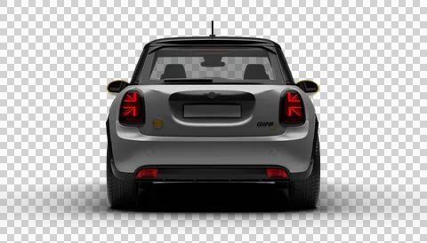Full rear render view of gray Mini Cooper SE Electric 2025 displayed on tra.. Stock Illustration