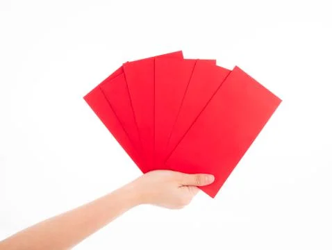 Full of red greeting envelope gift in hand with copy space for put many money Stock Photos