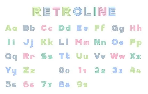Full Retro Line Font Set with Uppercase, Lowercase, and Numbers in Pastel C.. Stock Illustration