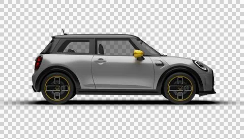 Full right profile render of gray Mini Cooper SE Electric 2025 shown on tra.. Illustration