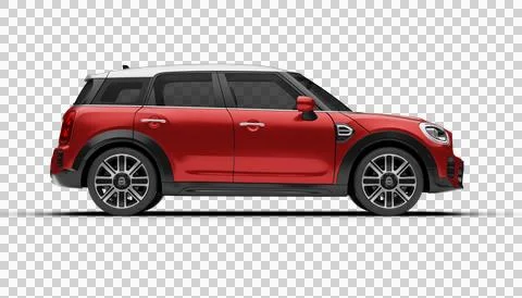 Full right side view of red Mini Cooper Countryman 2025 on transparent back.. Stock Illustration