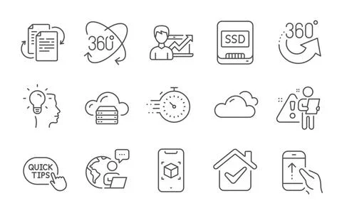 Full rotation, Bureaucracy and Timer icons set. 360 degrees, Ssd and Quick tips Stock Illustration