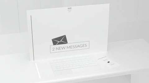 Full screen desktop computer and mobile phone on white desk 3d-illustration Stock Illustration