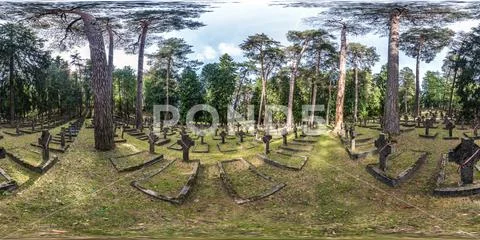 Full seamless 360 by 180 angle degree view panorama in graves of cemetery Stock Photos