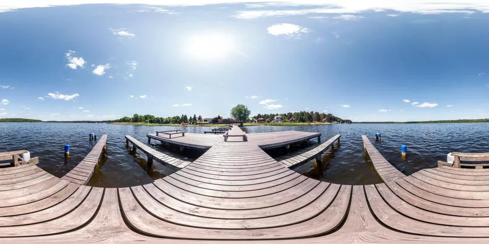 Full seamless panorama 360 by 180 angle view wooden pier for ships Stock Photos