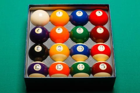 Full set of snooker balls inside an hard paper box Stock Photos