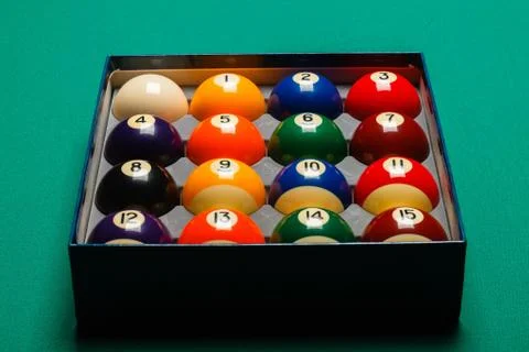 Full set of snooker balls inside an hard paper box Stock Photos