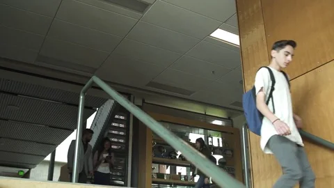 Full shot of high school student talking to teacher in a corridor Stock Footage 76554058