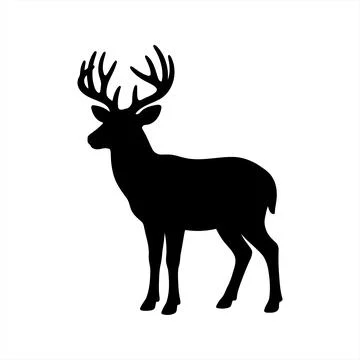 A full side view black silhouette of a buck deer standing in a plain white .. Stock-Illustration