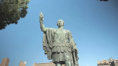 A full size bronze statue of Emperor Nerva on Via dei Fori Imperiali street Stock Footage 146123170
