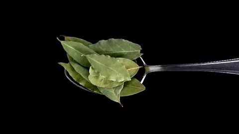 A Full Spoon Of bay leaves falling down on black background closeup in super slo Stock Footage 121431164