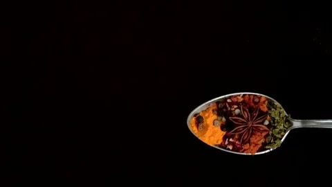 A Full Spoon Of exotic spice Flying up and Falling down on black background  動画素材 121429991