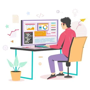 Full stack developer working on computer, vector illustration. IT professional 스톡 일러스트