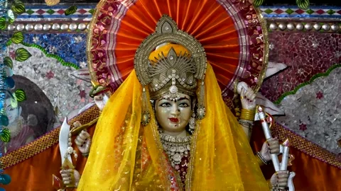 Full Statue of Maa Durga with Crown and Yellow Attire, Happy Navratri Stock Footage 316895157