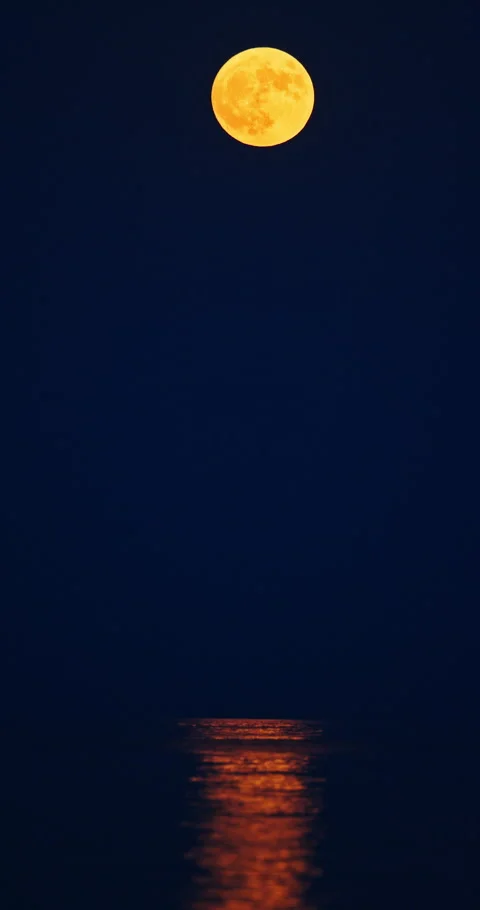 Full strawberry moon with bright moonpath reflection on sea water at night Stock Footage 338134329