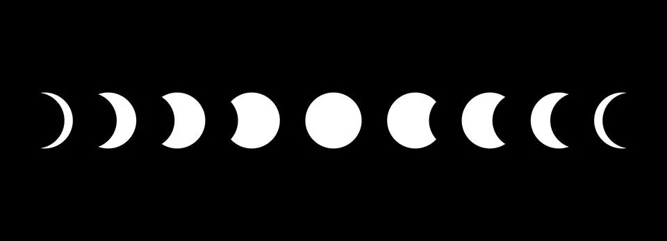 Full sun eclipse concept. Set of moon phases or stages. Total solar eclipse and Stock Illustration