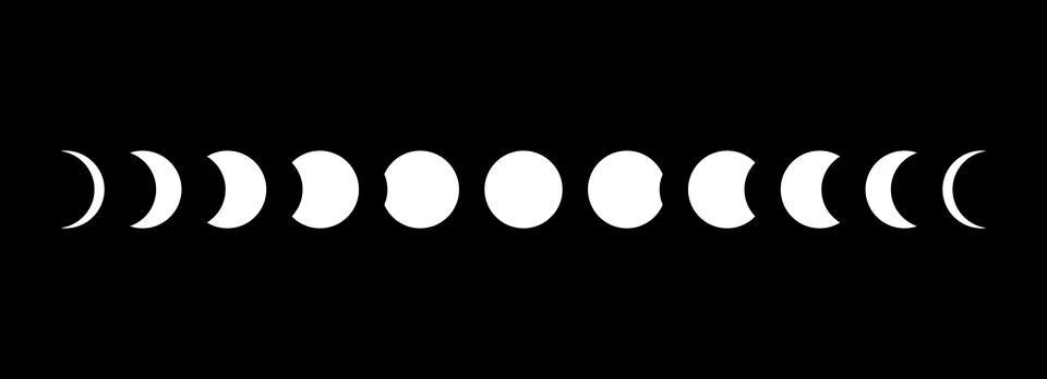 Full sun eclipse concept. Set of moon phases or stages. Total sun eclipse and Ilustração Stock
