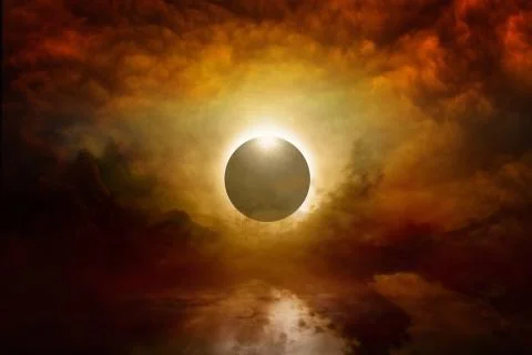 Full sun eclipse in dark red sky, end of world Stock Illustration