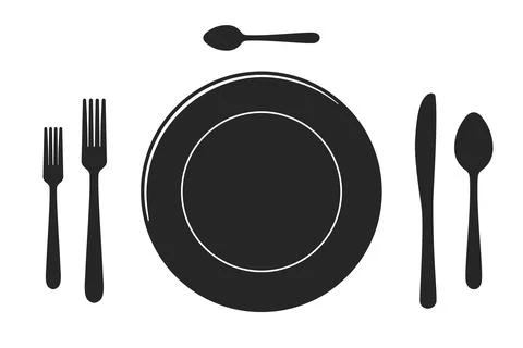 Full Table Setting Plate And Cutlery Silhouette Vector Stock Illustration