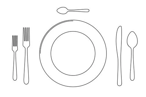 Full Table Setting Plate And Cutlery Outline Vector Stock Illustration