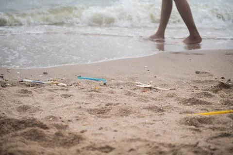 Full of trash on the beach Stock Photos