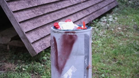 Full trash can at a barbecue area in the woods Stock Footage 141883895