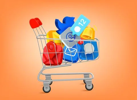 Full trolley of mobile application icons. 3d vector illustration Stock Illustration