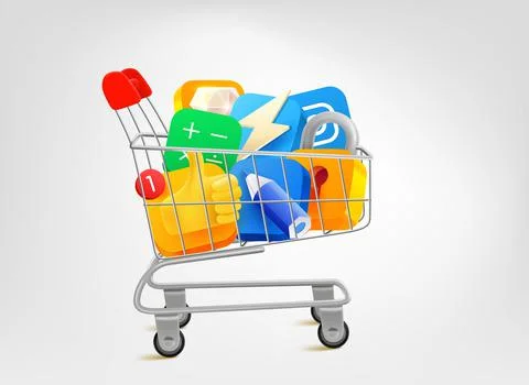 Full trolley of mobile application icons. 3d vector illustration Stock-Illustration