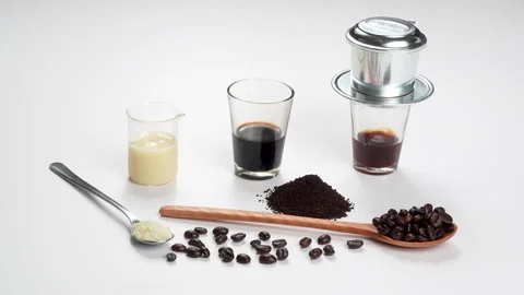 Full Vietnamese Coffee Ingredients Combo Sugar Milk And Phin Vídeo Stock 331929127
