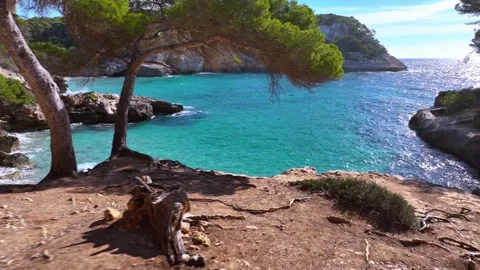 Full view of the beach of Cala Mitjana, near Cala Galdana, Menorca Stock Footage 332176665