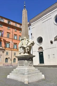 Full view of Bernini's Elephant and Obelisk monument at Minerva Square in Rome Stock Photos