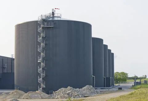 Full view of the BIO Gas storage Tanks facility at the biogas site in Kvaer.. Stock Photos
